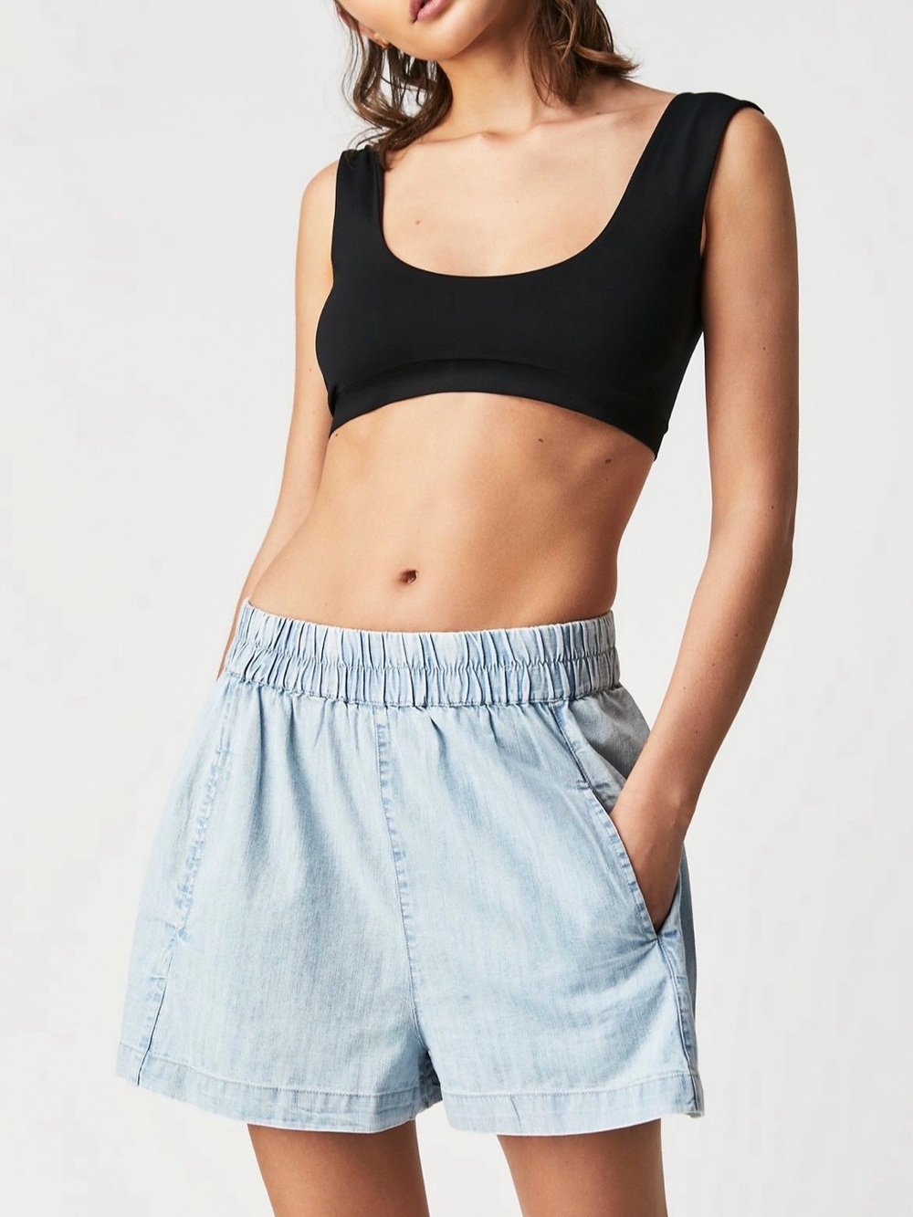 NWT We The Free Get Free Chambray Shorts by Free People, Light Wash Denim, M